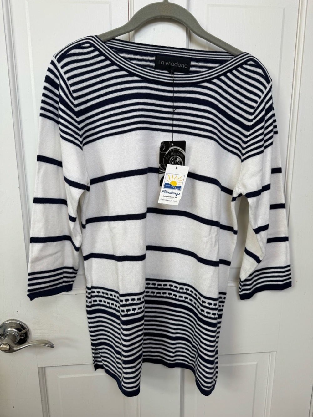 Women's Navy and White Striped Boatneck Top